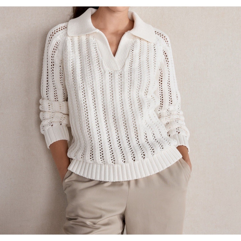 Haven Well Within Chunky Open‎ Stitch Johnny Collar Knit Sweater White Medium